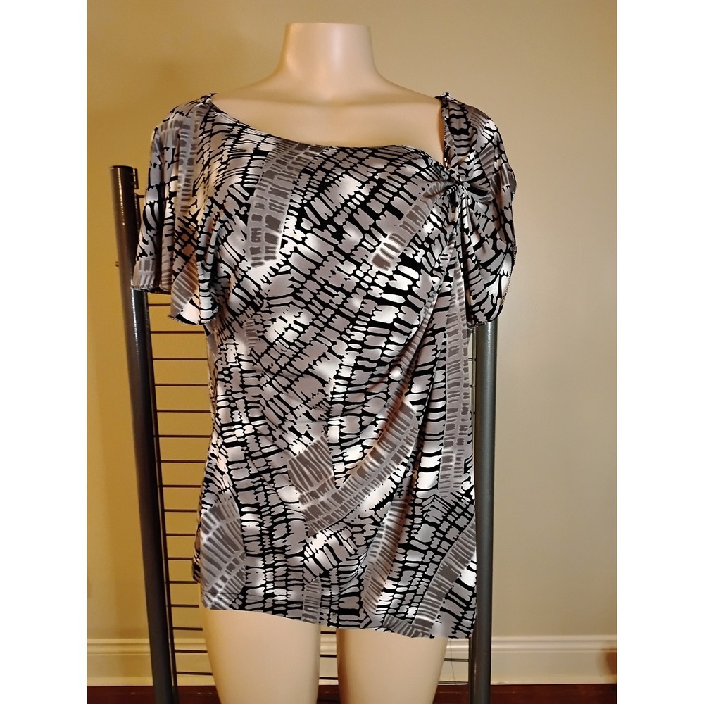 Worthington Petite Stretch Silver Black Abstract Knot Shoulder Blouse PXL